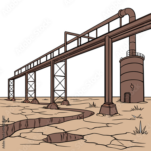 Old industrial area with broken pipelines and tower