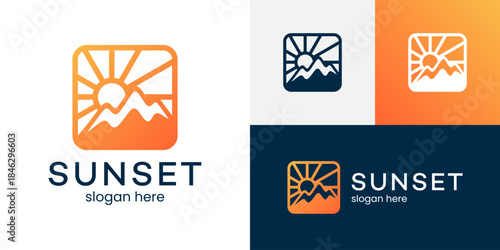 Sunset logo design illustration. Mountain peak design with sun vector icon symbol