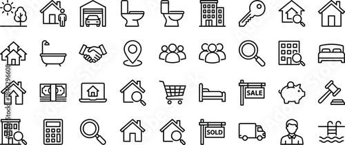 Real,estate,property,icons,set,home,housing,realty,buy,sell,rent,search,investment,building,outline,vector,illustration,design,collection,concept