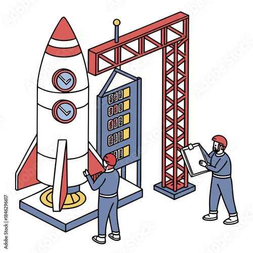 Engineers prepare rocket launchpad with countdown lights