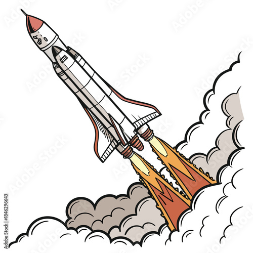 Cartoon rocket taking off with flame and smoke space