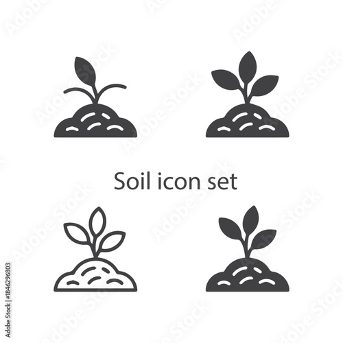 A fundamental solid vector icon set featuring soil, planting, earth, and plant growth concepts, perfect for ecology and gardening themes.