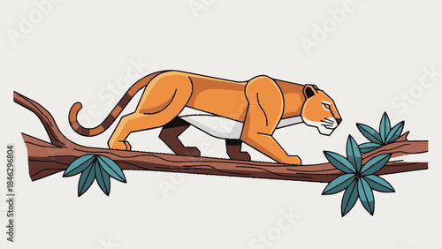 A stylized illustration of a cougar walking on a tree branch.