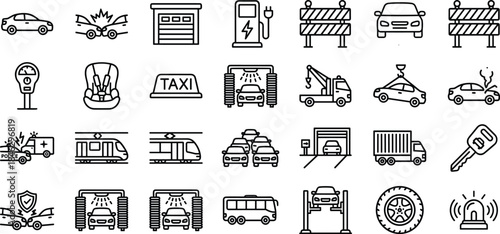 Transportation and automotive service line icons set, cars trucks taxi repair parking safety electric charging outline vector symbols collection