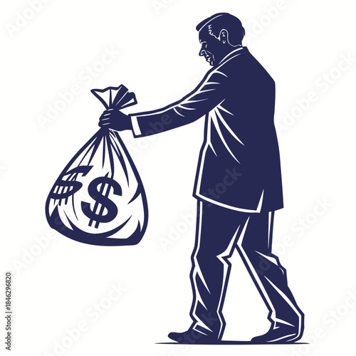 Politician silhouette holding bag full of money white background
