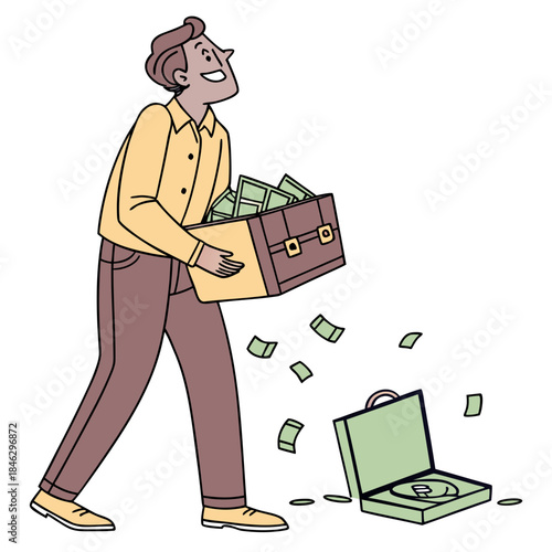 Rich man holding overflowing briefcase with money spilling out