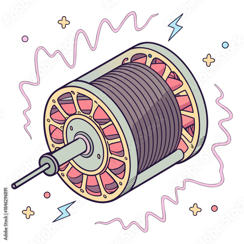 Colorful cartoon coil with pink and purple details and squiggly lines