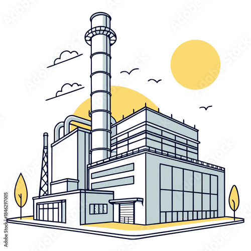 Modern combined cycle power plant with smokestack and sun