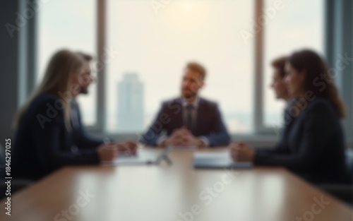 a daytime photo of a slightly blurred out board of directors meeting. High quality
