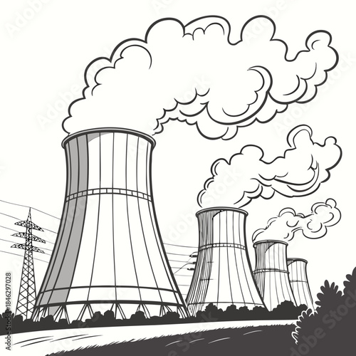 Industrial power station cooling towers releasing steam