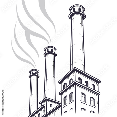 Row of industrial chimneys emitting clean vapor against white background