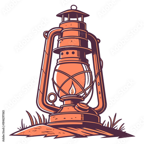 Orange kerosene lantern with flame on white background