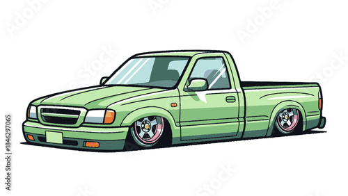 Customized Light Green Pickup Truck with Lowered Suspension.
