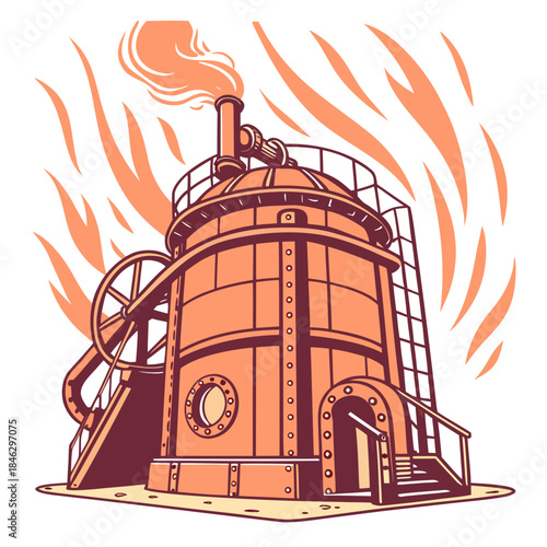 Orange industrial combustion chamber with smoke and flames