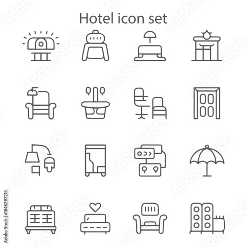 A stylish line art vector icon set for hotel accommodation, hospitality services, and room features, perfect for travel and booking sites.