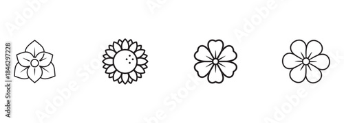 Set of Four Simple Flower Icons: Minimalist Line Art Vector Illustration Bundle