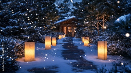 glowing lanterns on snowy path leading to a cozy cabin, pine trees and snowflakes falling gently .