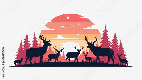 Herd of Deer Silhouetted Against a Vibrant Sunset Sky.