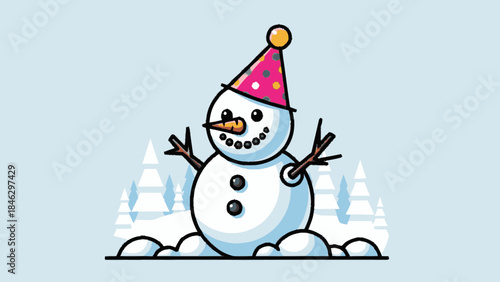 Happy Snowman Wearing Red Party Hat.