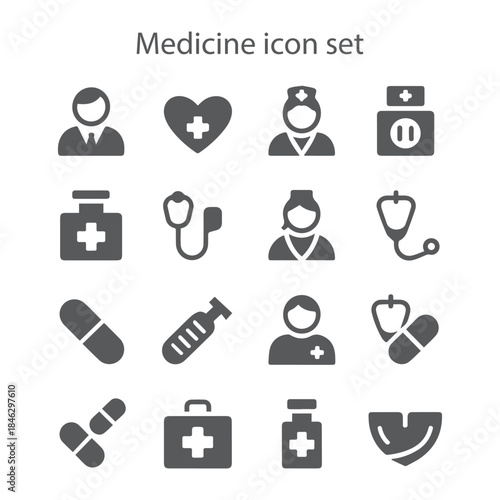 A vital solid vector icon set for healthcare, medicine, medical professionals, and pharmacy concepts, ideal for digital health interfaces.