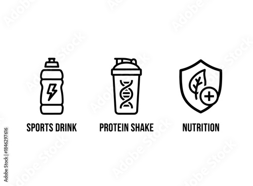 Sports Drink Protein Shake Nutrition Minimal Bold Line Icon Set