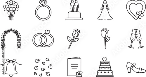 Collection of fifteen black line art wedding icons on white background marriage celebration