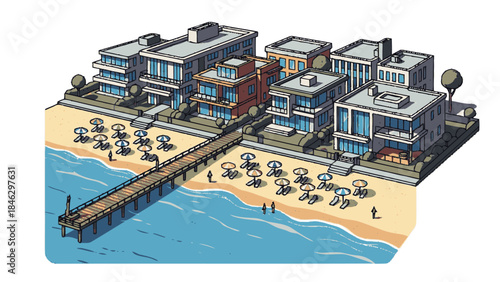 Modern Beachfront Buildings and Pier Scene.