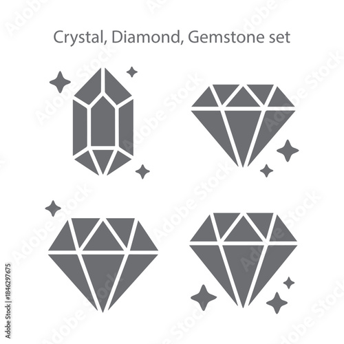 A dazzling monochrome vector icon set featuring various crystal, diamond, and precious gemstone shapes for luxury, jewelry, and gaming design.