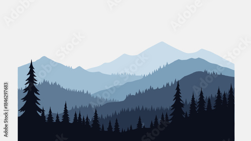 Mountain Range Silhouette with Trees Forest.