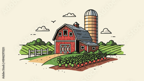 Rustic Red Barn with Silo and Vegetable Garden.