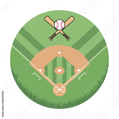 Baseball Field Illustration with Bats and Ball in Circular Design.
