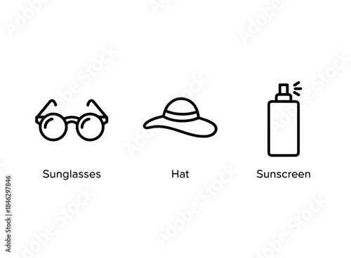 Sunglasses Hat Sunscreen Minimal Bold Line Icon Set