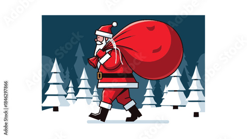 Santa Claus walking with a large red sack full of gifts.