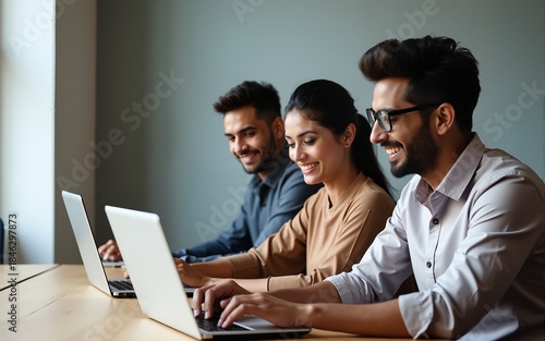 Three Indian business people working laptop happy professional. High quality