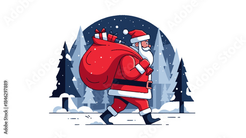 Santa Claus Walking with Gift Bag.