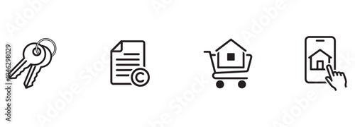Real Estate Icons: Keys, Property Contract, Buying House, Mobile App Search