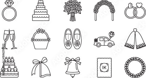 Collection of fifteen wedding icons including rings cake flowers and car