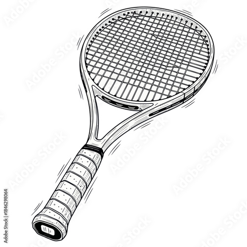 Detailed Sketch of a Tennis Racket with Wrapped Handle.