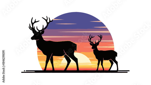 Two Deer Silhouettes Against a Vibrant Sunset Sky.