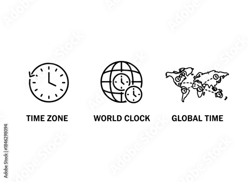 Time Zone World Clock Global Time Minimal Bold Line Icon Set