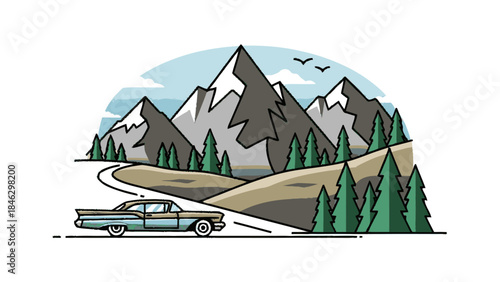 Vintage Car Driving Through Mountain Landscape.