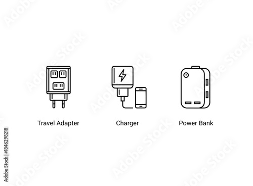 Travel Adapter Charger Power Bank Minimal Bold Line Icon Set