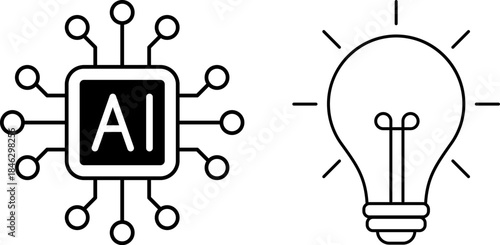 AI microchip with circuits and glowing light bulb. AI, innovation, technology, creativity.