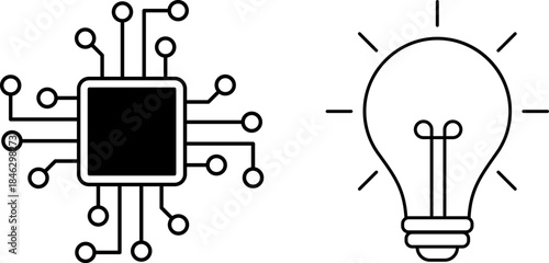 AI microchip with circuits and glowing light bulb. AI, innovation, technology, creativity.