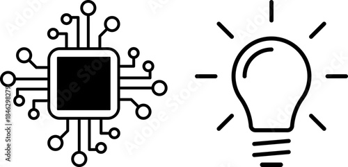 AI microchip with circuits and glowing light bulb. AI, innovation, technology, creativity.
