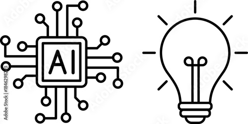 AI microchip with circuits and glowing light bulb. AI, innovation, technology, creativity.