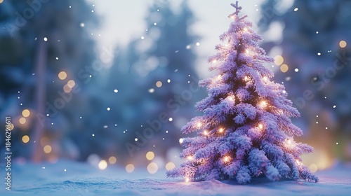 Snow-covered Christmas tree in a winter forest, blurred snowflakes falling softly .