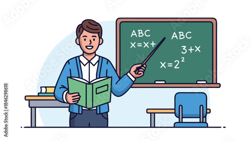 A cheerful male teacher explaining mathematical concepts on a blackboard in a classroom setting