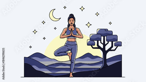 Woman practicing yoga tree pose at night.