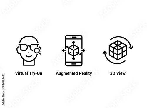 Virtual Try On Augmented Reality 3D View Minimal Bold Line Icon Set